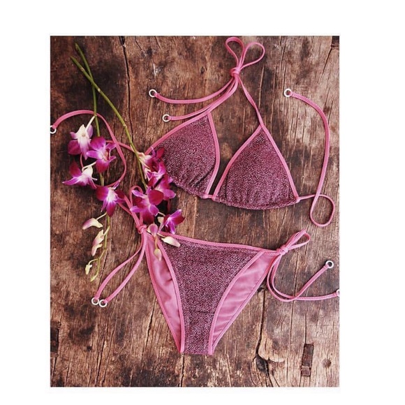 NEW HANNE BLOCH Small Pink glitter triangle bikini set with removable padding - Picture 1 of 7
